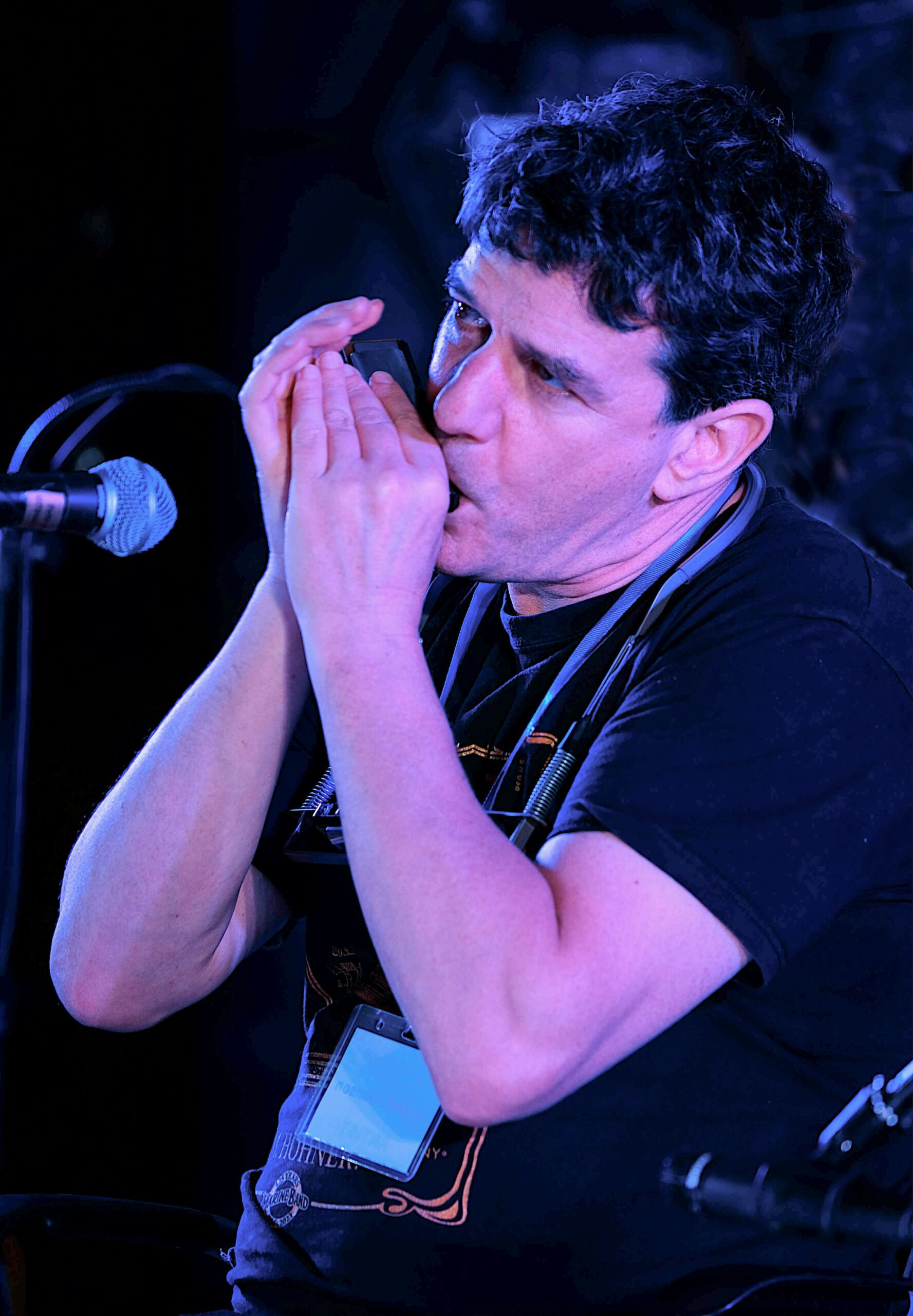Musiker Canthal der Mundharmonika spielt vor einem Mikrofon